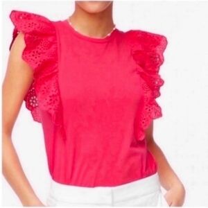 J. Crew Ruffle-Sleeve Eyelet Top Guava Pink